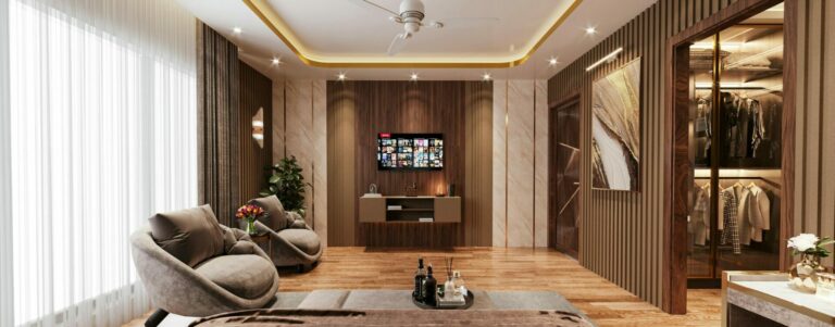 Camera da letto in stile quiet luxury con arredi su misura in legno scuro, cabina armadio illuminata, poltrone dal design morbido, illuminazione integrata e finiture di pregio dai toni neutri.
